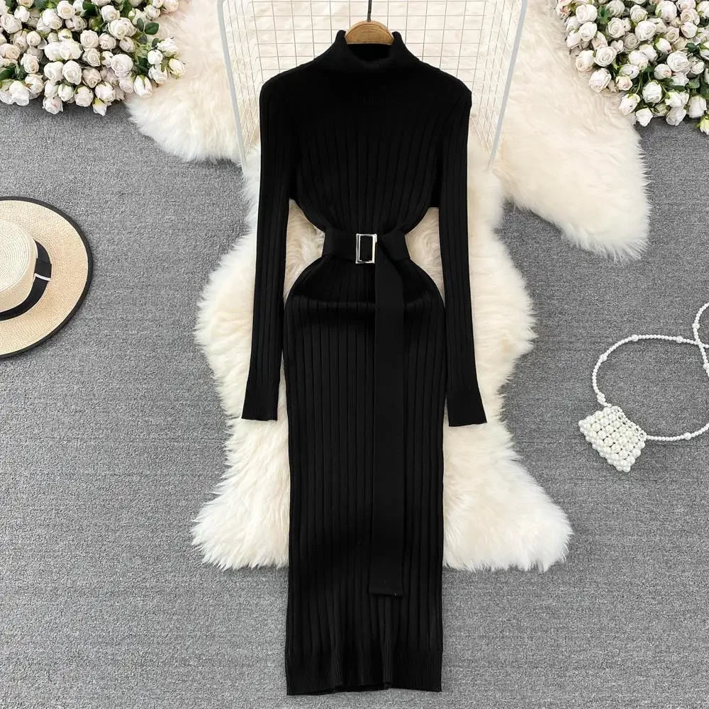 Woman's Autumn/Winter Knit Sweater Long Dress Elegant High - waisted Belt - American Thistle Woman's Autumn/Winter Knit Sweater Long Dress Elegant High - waisted Belt