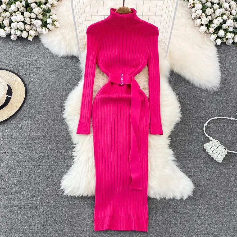 Woman's Autumn/Winter Knit Sweater Long Dress Elegant High - waisted Belt - American Thistle Woman's Autumn/Winter Knit Sweater Long Dress Elegant High - waisted Belt
