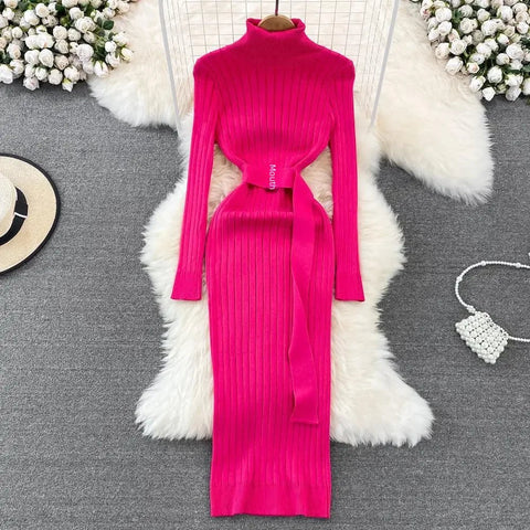Woman's Autumn/Winter Knit Sweater Long Dress Elegant High - waisted Belt - American Thistle Woman's Autumn/Winter Knit Sweater Long Dress Elegant High - waisted Belt