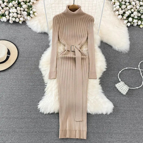 Woman's Autumn/Winter Knit Sweater Long Dress Elegant High - waisted Belt - American Thistle Woman's Autumn/Winter Knit Sweater Long Dress Elegant High - waisted Belt