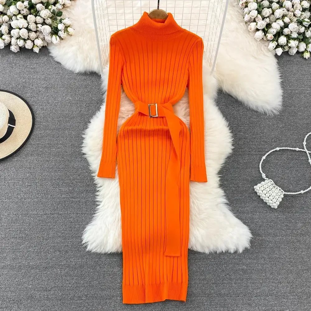 Woman's Autumn/Winter Knit Sweater Long Dress Elegant High - waisted Belt - American Thistle Woman's Autumn/Winter Knit Sweater Long Dress Elegant High - waisted Belt