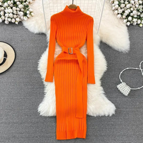 Woman's Autumn/Winter Knit Sweater Long Dress Elegant High - waisted Belt - American Thistle Woman's Autumn/Winter Knit Sweater Long Dress Elegant High - waisted Belt