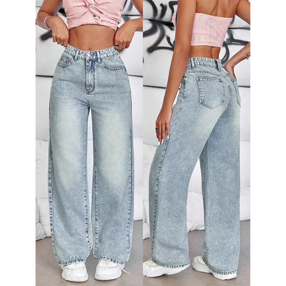 Woman's Denim Jeans Wide Leg Pants Vintage Straight Trousers Distressed Washed Pockets High Waist Streetwear - American Thistle Woman's Denim Jeans Wide Leg Pants Vintage Straight Trousers Distressed Washed Pockets High Waist Streetwear