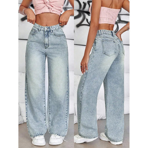 Woman's Denim Jeans Wide Leg Pants Vintage Straight Trousers Distressed Washed Pockets High Waist Streetwear - American Thistle Woman's Denim Jeans Wide Leg Pants Vintage Straight Trousers Distressed Washed Pockets High Waist Streetwear