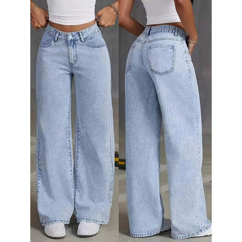 Woman's Denim Jeans Wide Leg Pants Vintage Straight Trousers Distressed Washed Pockets High Waist Streetwear - American Thistle Woman's Denim Jeans Wide Leg Pants Vintage Straight Trousers Distressed Washed Pockets High Waist Streetwear