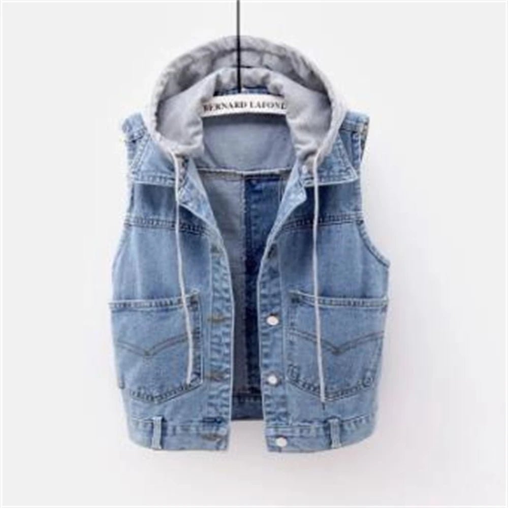 Woman's Denim Vest Women Spring Autumn Coat Sleeveless Wild Tops Hooded Jacket Women Denim Jeans Waistcoat Outerwear - American ThistleWoman's Denim Vest Women Spring Autumn Coat Sleeveless Wild Tops Hooded Jacket Women Denim Jeans Waistcoat Outerwear