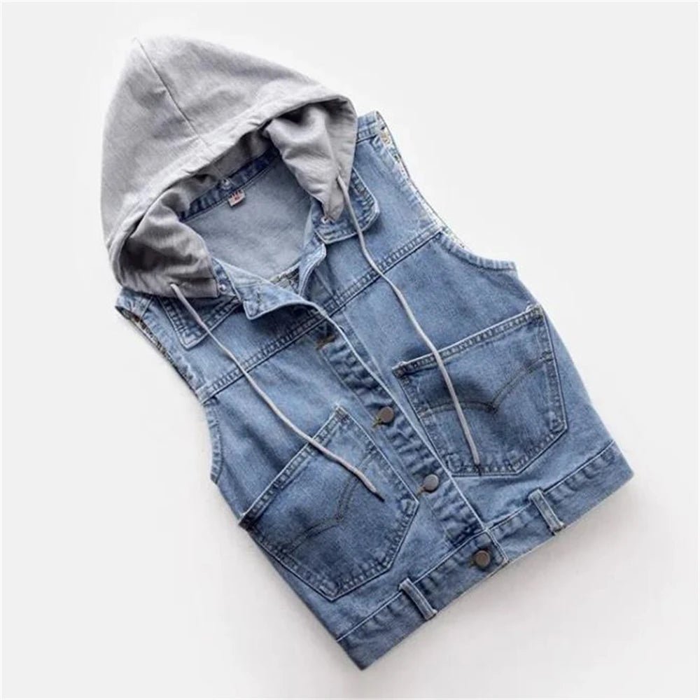 Woman's Denim Vest Women Spring Autumn Coat Sleeveless Wild Tops Hooded Jacket Women Denim Jeans Waistcoat Outerwear - American ThistleWoman's Denim Vest Women Spring Autumn Coat Sleeveless Wild Tops Hooded Jacket Women Denim Jeans Waistcoat Outerwear