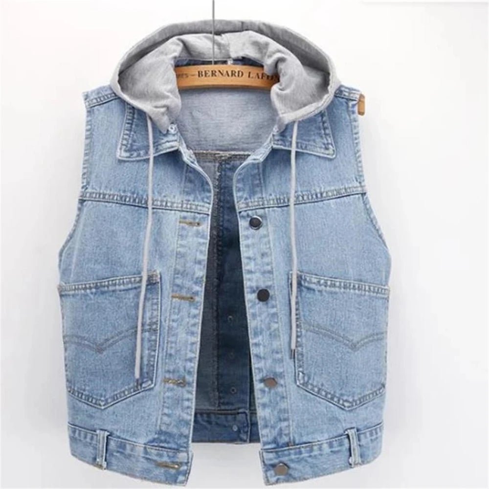 Woman's Denim Vest Women Spring Autumn Coat Sleeveless Wild Tops Hooded Jacket Women Denim Jeans Waistcoat Outerwear - American ThistleWoman's Denim Vest Women Spring Autumn Coat Sleeveless Wild Tops Hooded Jacket Women Denim Jeans Waistcoat Outerwear