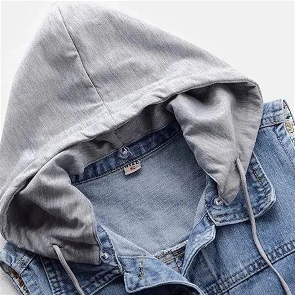 Woman's Denim Vest Women Spring Autumn Coat Sleeveless Wild Tops Hooded Jacket Women Denim Jeans Waistcoat Outerwear - American ThistleWoman's Denim Vest Women Spring Autumn Coat Sleeveless Wild Tops Hooded Jacket Women Denim Jeans Waistcoat Outerwear