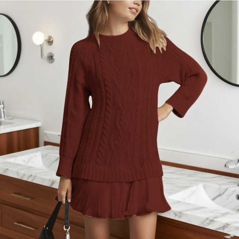 Woman's Elegant O Neck Knitted Twist Sweater Dress Chiffon Pleated for Winter Long Sleeve - American Thistle Woman's Elegant O Neck Knitted Twist Sweater Dress Chiffon Pleated for Winter Long Sleeve