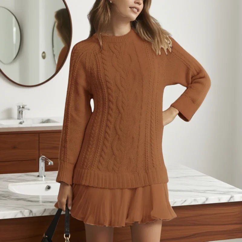 Woman's Elegant O Neck Knitted Twist Sweater Dress Chiffon Pleated for Winter Long Sleeve - American Thistle Woman's Elegant O Neck Knitted Twist Sweater Dress Chiffon Pleated for Winter Long Sleeve