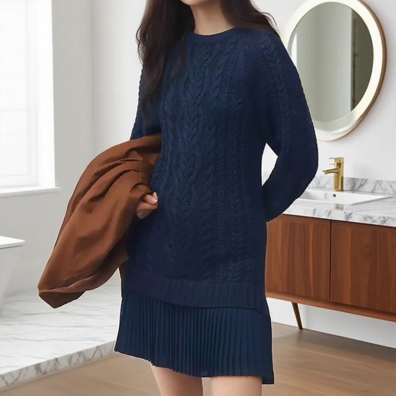 Woman's Elegant O Neck Knitted Twist Sweater Dress Chiffon Pleated for Winter Long Sleeve - American Thistle Woman's Elegant O Neck Knitted Twist Sweater Dress Chiffon Pleated for Winter Long Sleeve