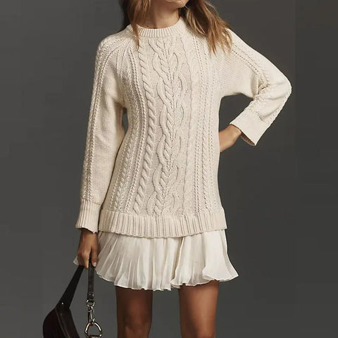 Woman's Elegant O Neck Knitted Twist Sweater Dress Chiffon Pleated for Winter Long Sleeve - American Thistle Woman's Elegant O Neck Knitted Twist Sweater Dress Chiffon Pleated for Winter Long Sleeve