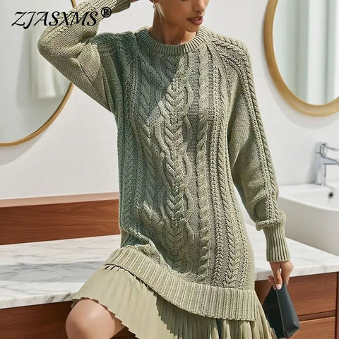 Woman's Elegant O Neck Knitted Twist Sweater Dress Chiffon Pleated for Winter Long Sleeve - American Thistle Woman's Elegant O Neck Knitted Twist Sweater Dress Chiffon Pleated for Winter Long Sleeve