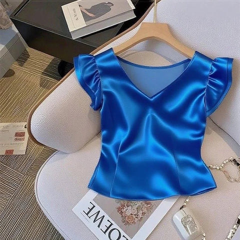 Woman's French Style Elegant Satin Blouse Sleeve - American Thistle Woman's French Style Elegant Satin Blouse Sleeve