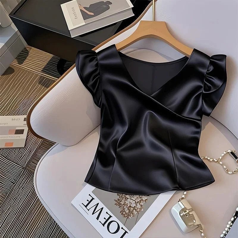 Woman's French Style Elegant Satin Blouse Sleeve - American Thistle Woman's French Style Elegant Satin Blouse Sleeve