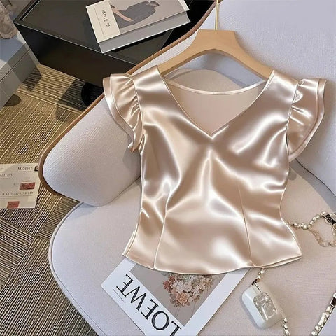 Woman's French Style Elegant Satin Blouse Sleeve - American Thistle Woman's French Style Elegant Satin Blouse Sleeve