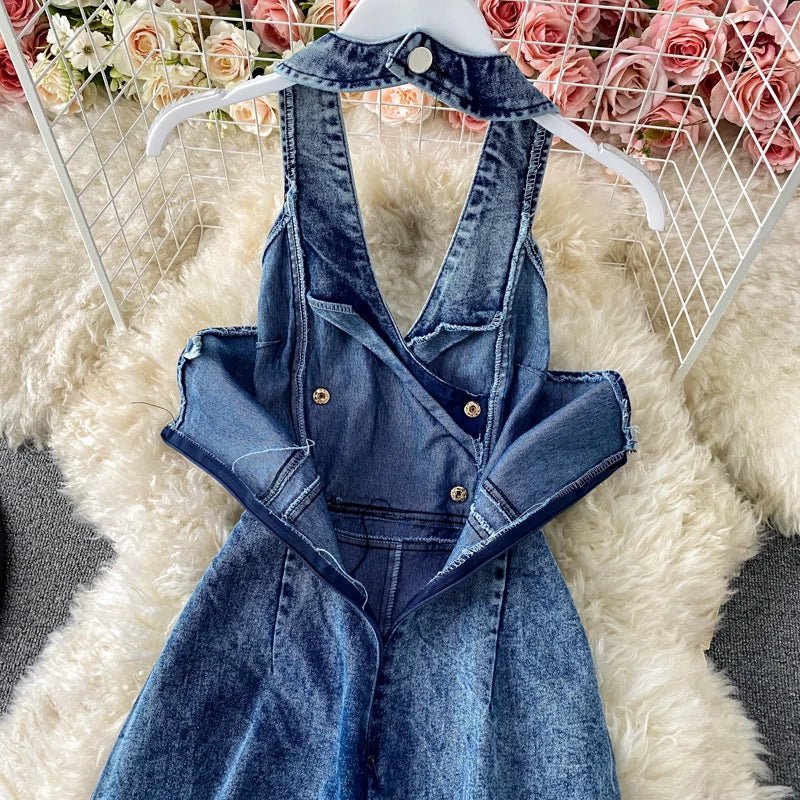 Womans Sexy Backless Halter Denim Jumpsuit - American Thistle Womans Sexy Backless Halter Denim Jumpsuit
