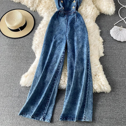 Womans Sexy Backless Halter Denim Jumpsuit - American Thistle Womans Sexy Backless Halter Denim Jumpsuit