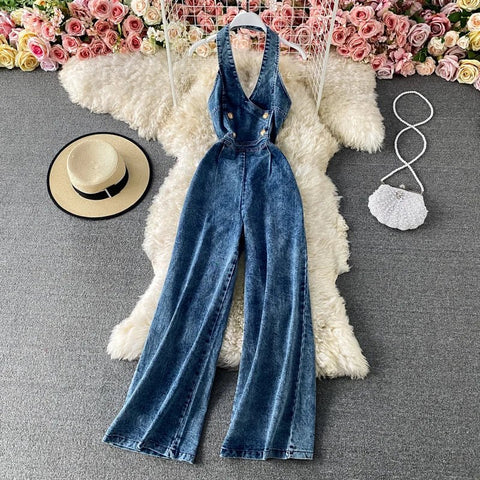 Womans Sexy Backless Halter Denim Jumpsuit - American Thistle Womans Sexy Backless Halter Denim Jumpsuit