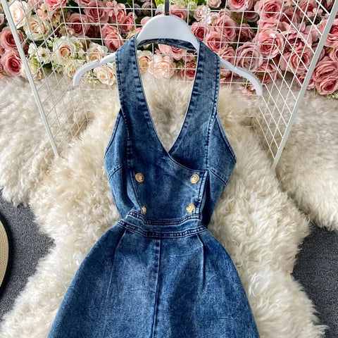 Womans Sexy Backless Halter Denim Jumpsuit - American Thistle Womans Sexy Backless Halter Denim Jumpsuit