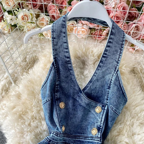 Womans Sexy Backless Halter Denim Jumpsuit - American Thistle Womans Sexy Backless Halter Denim Jumpsuit