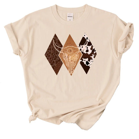 Woman's Short Sleeve T-Shirts Cowboy Style with Diamond Pattern Printed - American Thistle Woman's Short Sleeve T-Shirts Cowboy Style with Diamond Pattern Printed