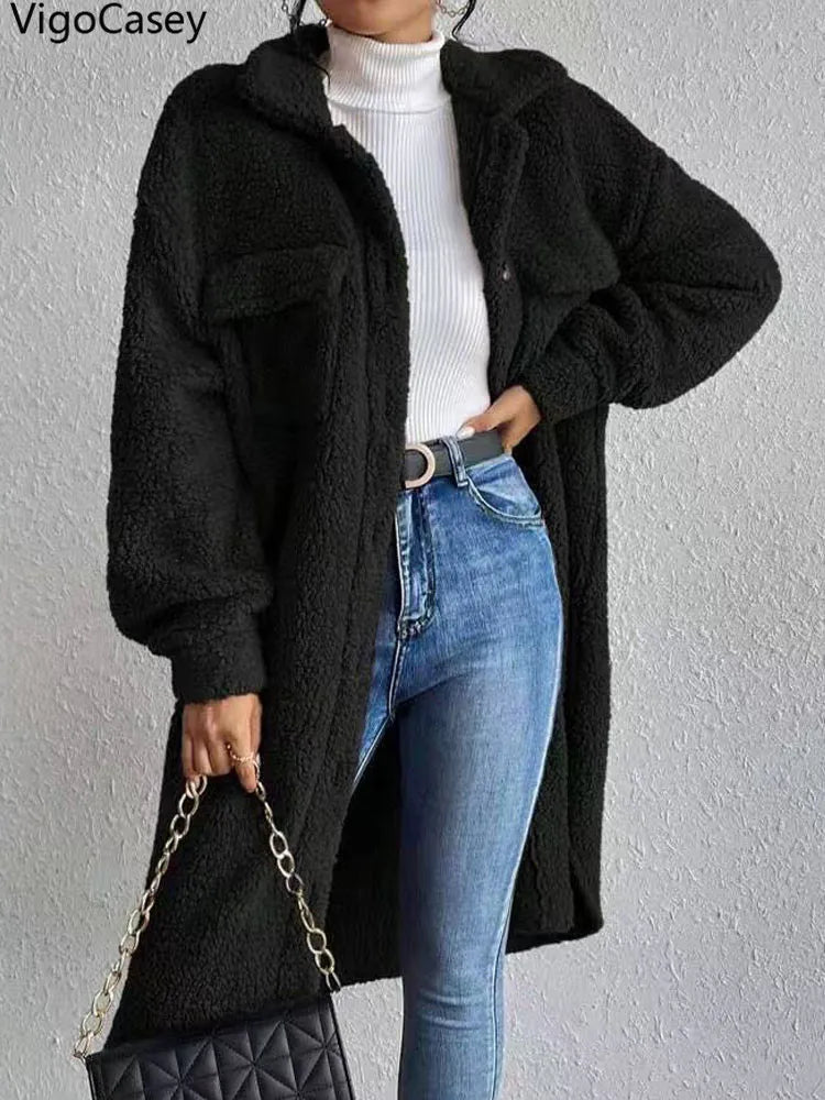 Women Autumn Single Breasted Jacket Black Long Sleeve Thick Plush Warm Coat Loose Winter Lady Soft - American Thistle Women Autumn Single Breasted Jacket Black Long Sleeve Thick Plush Warm Coat Loose Winter Lady Soft