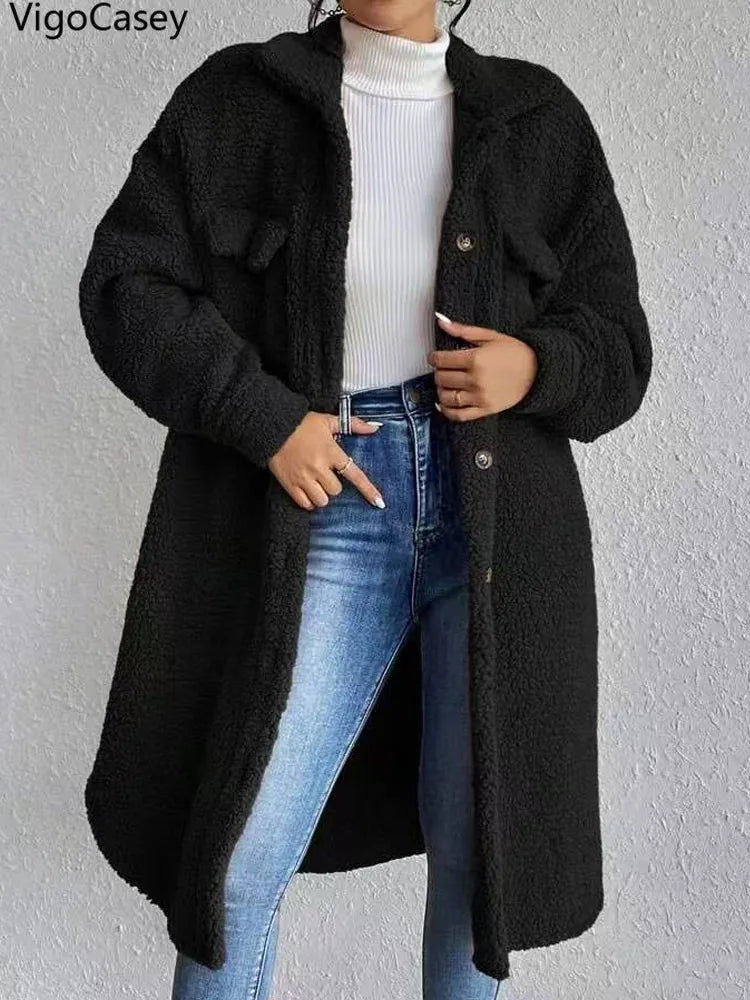Women Autumn Single Breasted Jacket Black Long Sleeve Thick Plush Warm Coat Loose Winter Lady Soft - American Thistle Women Autumn Single Breasted Jacket Black Long Sleeve Thick Plush Warm Coat Loose Winter Lady Soft
