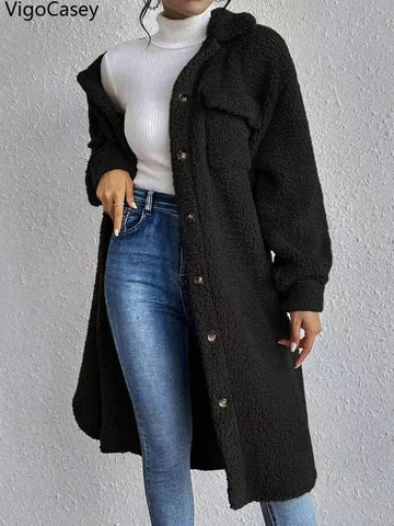 Women Autumn Single Breasted Jacket Black Long Sleeve Thick Plush Warm Coat Loose Winter Lady Soft - American Thistle Women Autumn Single Breasted Jacket Black Long Sleeve Thick Plush Warm Coat Loose Winter Lady Soft