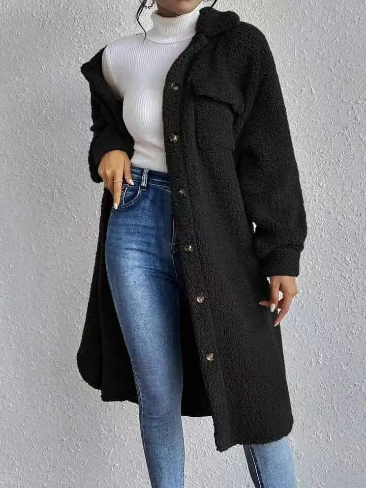 Women Autumn Single Breasted Jacket Black Long Sleeve Thick Plush Warm Coat Loose Winter Lady Soft - American Thistle Women Autumn Single Breasted Jacket Black Long Sleeve Thick Plush Warm Coat Loose Winter Lady Soft