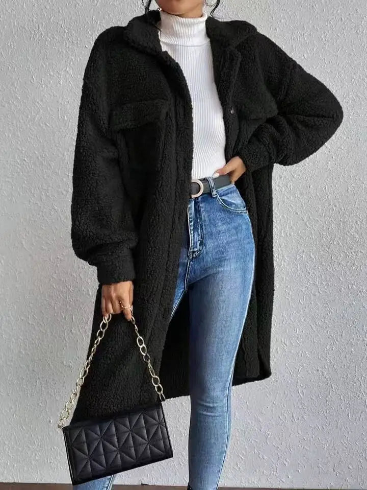 Women Autumn Single Breasted Jacket Black Long Sleeve Thick Plush Warm Coat Loose Winter Lady Soft - American Thistle Women Autumn Single Breasted Jacket Black Long Sleeve Thick Plush Warm Coat Loose Winter Lady Soft