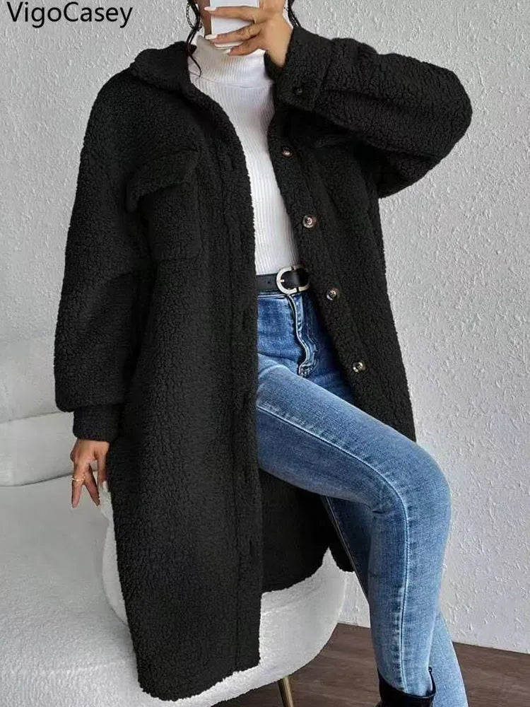 Women Autumn Single Breasted Jacket Black Long Sleeve Thick Plush Warm Coat Loose Winter Lady Soft - American Thistle Women Autumn Single Breasted Jacket Black Long Sleeve Thick Plush Warm Coat Loose Winter Lady Soft