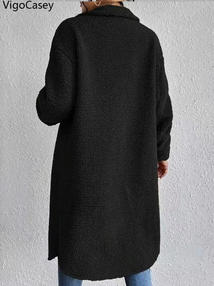 Women Autumn Single Breasted Jacket Black Long Sleeve Thick Plush Warm Coat Loose Winter Lady Soft - American Thistle Women Autumn Single Breasted Jacket Black Long Sleeve Thick Plush Warm Coat Loose Winter Lady Soft