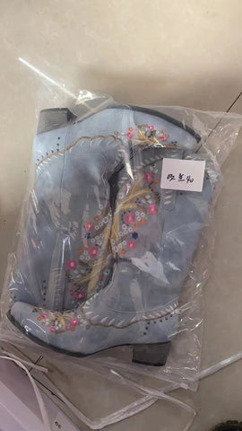 Women Boots Lightweight Knee - High Leather Stitching Square Heels Retro Punk Ethnic Shoes For Women Light Blue - American ThistleWomen Boots Lightweight Knee - High Leather Stitching Square Heels Retro Punk Ethnic Shoes For Women Light Blue