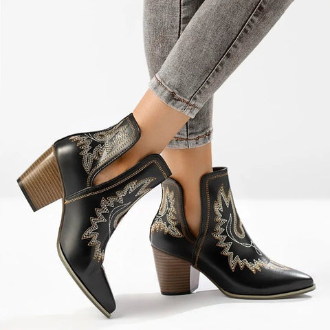 Women Boots Vintage Chunky Heels Western Cowboy Boots Leather High Heels Shoes Women Autumn Winter Embroidered Knight Boots - American ThistleWomen Boots Vintage Chunky Heels Western Cowboy Boots Leather High Heels Shoes Women Autumn Winter Embroidered Knight Boots