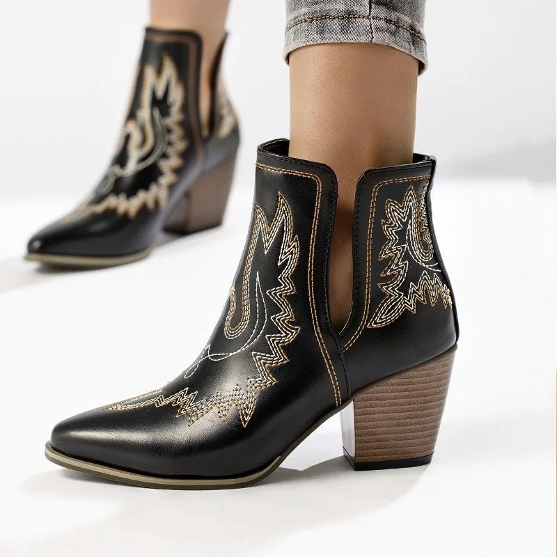 Women Boots Vintage Chunky Heels Western Cowboy Boots Leather High Heels Shoes Women Autumn Winter Embroidered Knight Boots - American ThistleWomen Boots Vintage Chunky Heels Western Cowboy Boots Leather High Heels Shoes Women Autumn Winter Embroidered Knight Boots