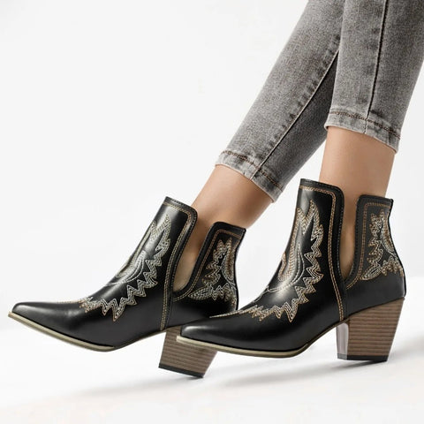 Women Boots Vintage Chunky Heels Western Cowboy Boots Leather High Heels Shoes Women Autumn Winter Embroidered Knight Boots - American ThistleWomen Boots Vintage Chunky Heels Western Cowboy Boots Leather High Heels Shoes Women Autumn Winter Embroidered Knight Boots