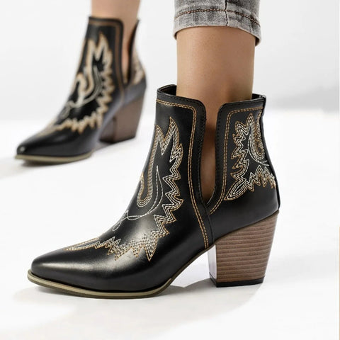 Women Boots Vintage Chunky Heels Western Cowboy Boots Leather High Heels Shoes Women Autumn Winter Embroidered Knight Boots - American ThistleWomen Boots Vintage Chunky Heels Western Cowboy Boots Leather High Heels Shoes Women Autumn Winter Embroidered Knight Boots