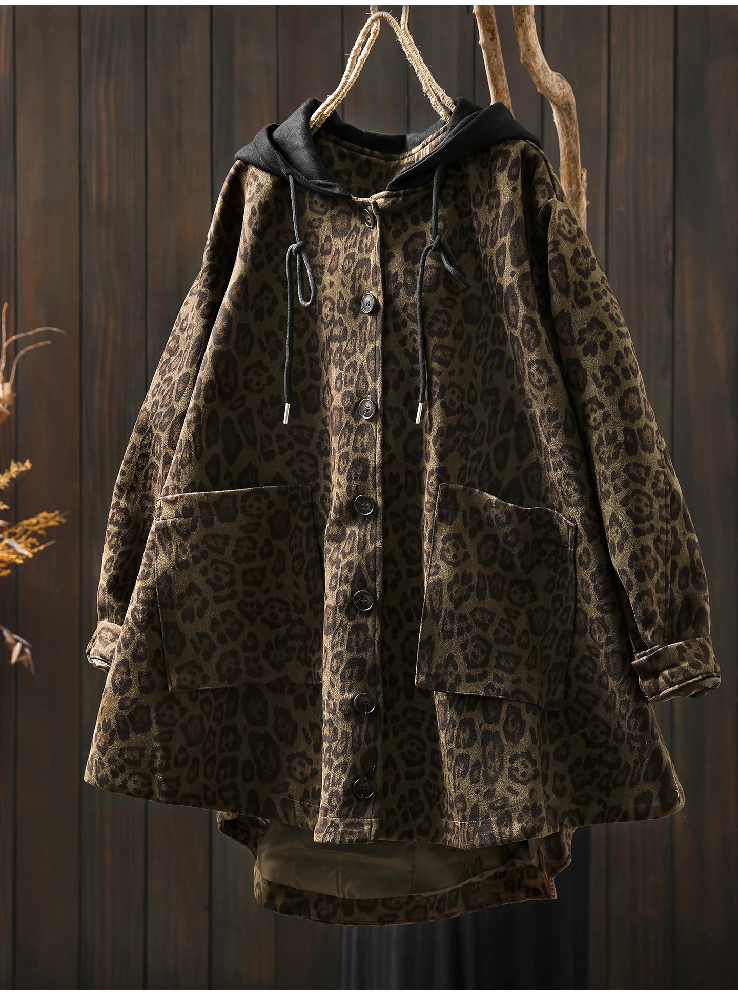 Women Casual Hooded Coats New Arrival Autumn Vintage Style Leopard Print Loose - American Thistle Women Casual Hooded Coats New Arrival Autumn Vintage Style Leopard Print Loose