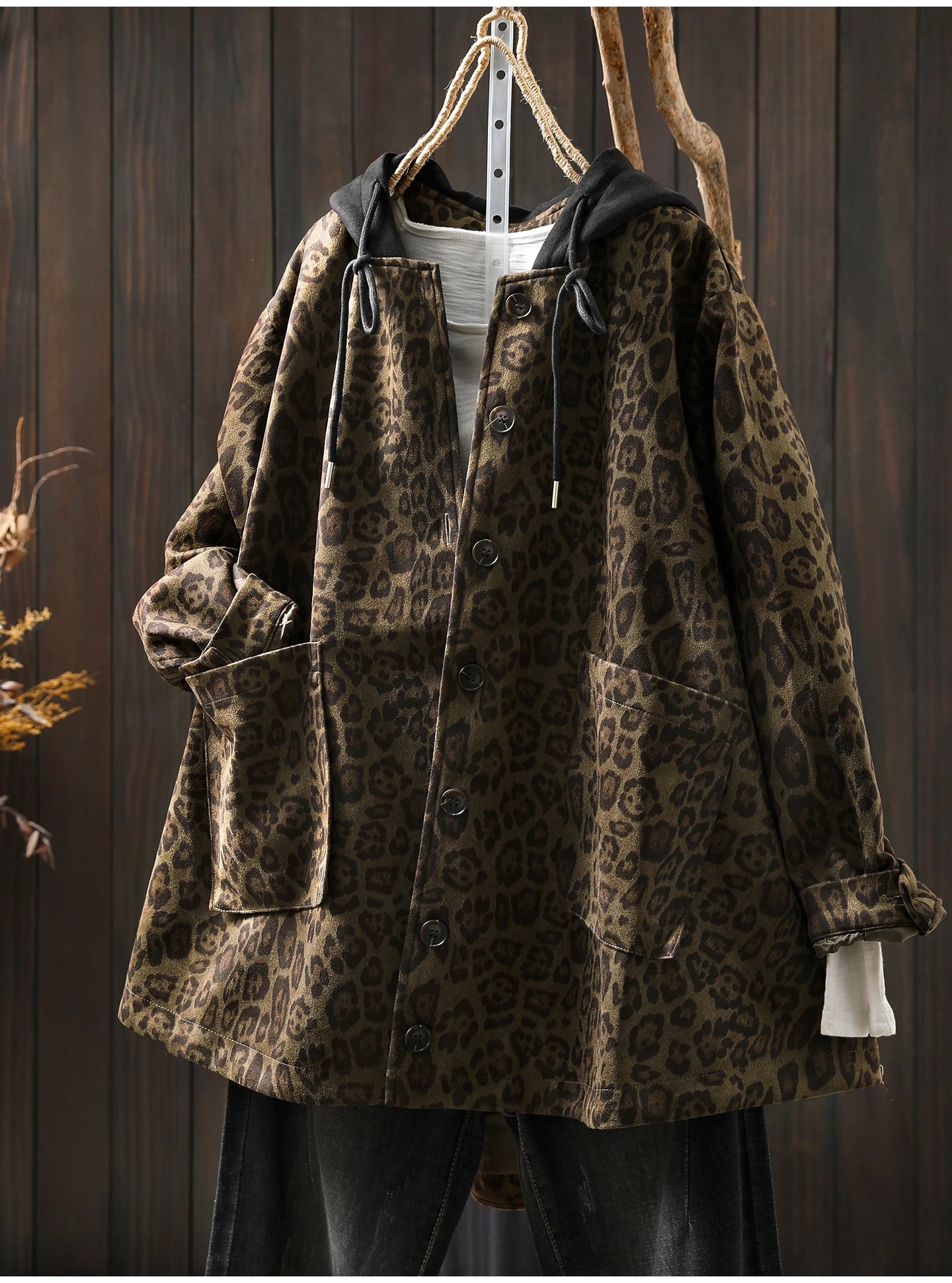 Women Casual Hooded Coats New Arrival Autumn Vintage Style Leopard Print Loose - American Thistle Women Casual Hooded Coats New Arrival Autumn Vintage Style Leopard Print Loose