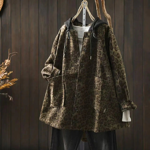 Women Casual Hooded Coats New Arrival Autumn Vintage Style Leopard Print Loose - American Thistle Women Casual Hooded Coats New Arrival Autumn Vintage Style Leopard Print Loose