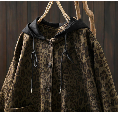 Women Casual Hooded Coats New Arrival Autumn Vintage Style Leopard Print Loose - American Thistle Women Casual Hooded Coats New Arrival Autumn Vintage Style Leopard Print Loose