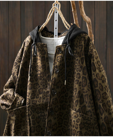 Women Casual Hooded Coats New Arrival Autumn Vintage Style Leopard Print Loose - American Thistle Women Casual Hooded Coats New Arrival Autumn Vintage Style Leopard Print Loose