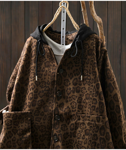 Women Casual Hooded Coats New Arrival Autumn Vintage Style Leopard Print Loose - American Thistle Women Casual Hooded Coats New Arrival Autumn Vintage Style Leopard Print Loose