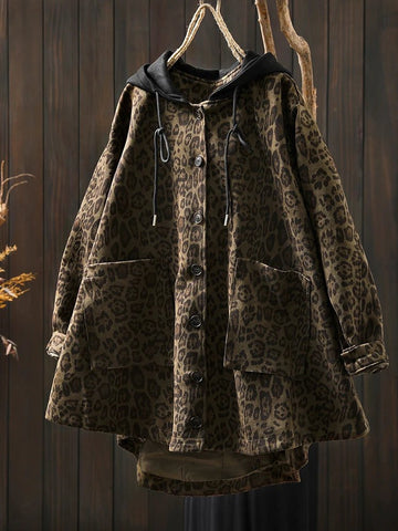 Women Casual Hooded Coats New Arrival Autumn Vintage Style Leopard Print Loose - American Thistle Women Casual Hooded Coats New Arrival Autumn Vintage Style Leopard Print Loose