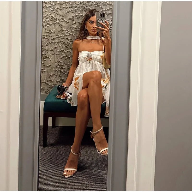 Women Casual Printed Pleated Scarf Collar Mini Dresses Chic Sleeveless Off Shoulder - American Thistle Women Casual Printed Pleated Scarf Collar Mini Dresses Chic Sleeveless Off Shoulder