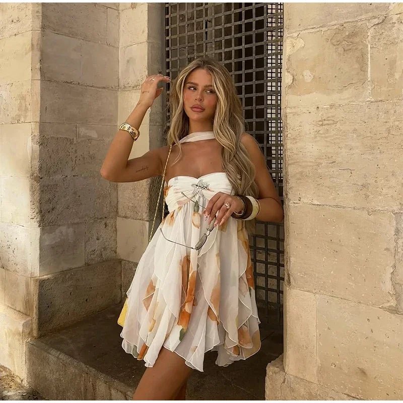 Women Casual Printed Pleated Scarf Collar Mini Dresses Chic Sleeveless Off Shoulder - American Thistle Women Casual Printed Pleated Scarf Collar Mini Dresses Chic Sleeveless Off Shoulder