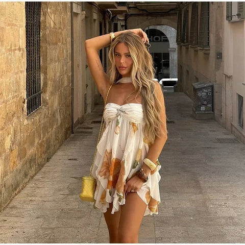 Women Casual Printed Pleated Scarf Collar Mini Dresses Chic Sleeveless Off Shoulder - American Thistle Women Casual Printed Pleated Scarf Collar Mini Dresses Chic Sleeveless Off Shoulder