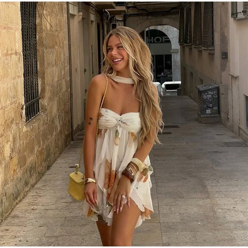 Women Casual Printed Pleated Scarf Collar Mini Dresses Chic Sleeveless Off Shoulder - American Thistle Women Casual Printed Pleated Scarf Collar Mini Dresses Chic Sleeveless Off Shoulder